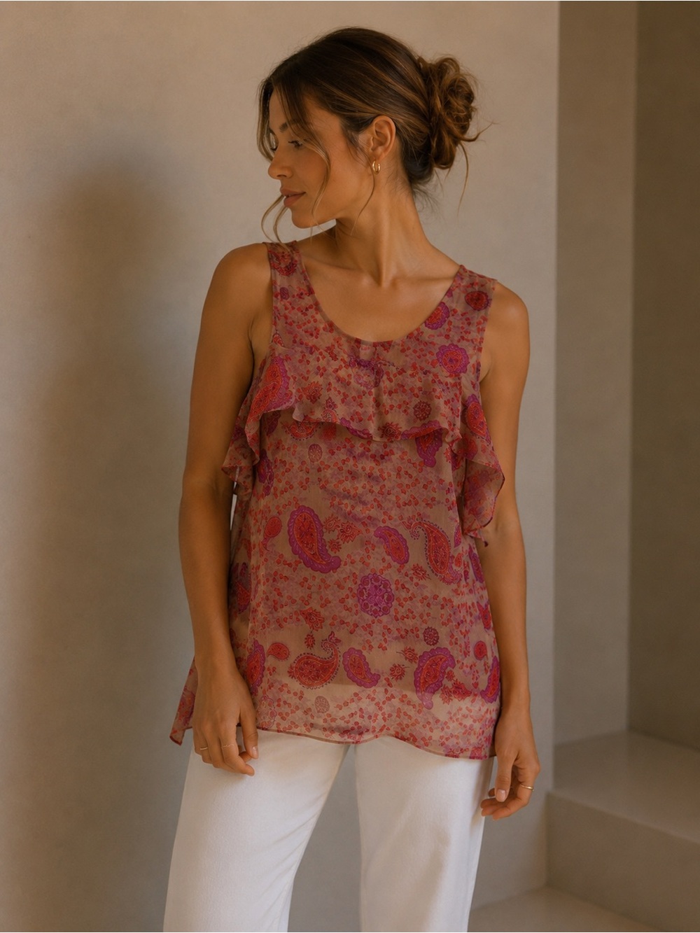 Gianni Bini Pink PaisleySheer Boho Cold Shoulder Ruffle Top Size Large